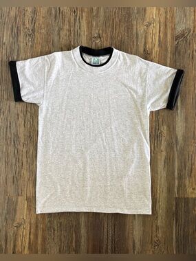 Vtg LA Loving Ringer T-Shirt Size L Crewneck Heather Gray Black Trim 90s Retro